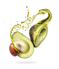 Two halves of sliced avocado with splashes of juice close-up on a white background