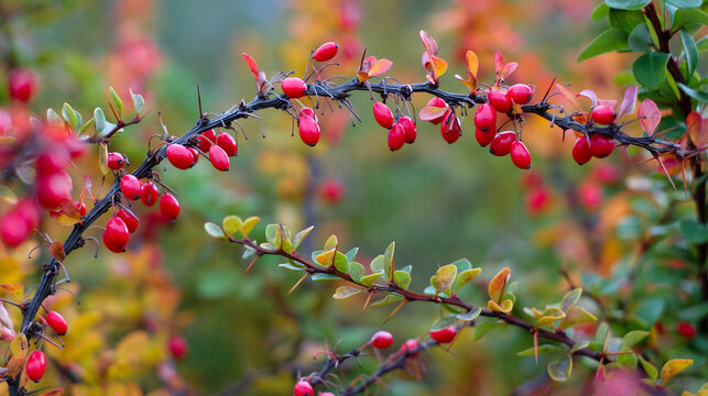 Red cornus mas berry on tree branch