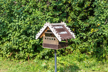 Bird feeder in the city park on the background of greenery
