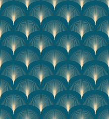 Elegant Vintage Art Deco Style Patten Design With Pale Gold Fan Shaped Motifs In A Half Drop Repeat. Vector Seamless Repeat Pattern For Wallpaper, Textile, Home Décor, Interior Design.
