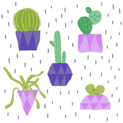 Composition with different potted cactus plants and doodles. Hand drawn cute colorful cacti. Cartoon style vector illustration 