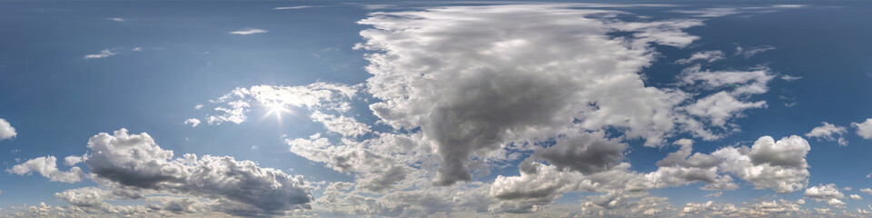 blue sky with white beautiful clouds. Seamless hdri panorama 360 degrees angle view  with zenith for use in 3d graphics or game development as sky dome or edit drone shot