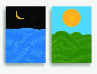 Poster with mountain landscape ,ocean, moon and sun . Asian style  . Trendy brochure . Vector illustration .