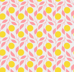 Retro Style Repeat Pattern With Fruit On Branch Motifs. Yellow Citrus Fruit In A Seamless Repeat Patten. Yellow Fruit and Pink Leaves Vector Design.