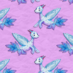 Pattern depicting a fantastic creature in pink and blue tones. The effect of crumpled and cut paper.  Application for color printing and background.