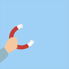 hand with magnet to which emblem icon, vector illustration