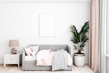 Kids room mockup frame A4, 3D render