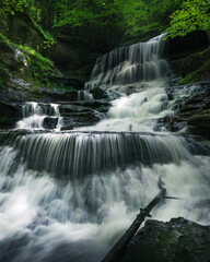 Low-angle view of cascading forest waterfall.