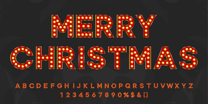 Merry Christmas 2021 vintage text with alphabet and numbers. Neon letters typeface for retro party or event signboard.
