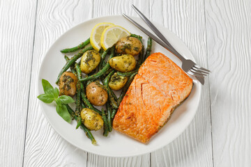 roast Salmon with pesto dressed veggies, top view