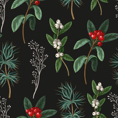 Seamless pattern with botanical pines and hollyberries. Christmas background. © Yumeee