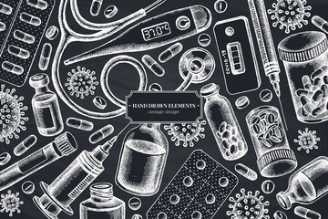 Monochrome design with chalk vial of blood, pills and medicines, medical thermometer, coronavirus rapid test, coronavirus bacteria cell, stethoscope, syringe, vaccine