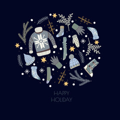 Greeting card or poster with Christmas elements and winter clothes.