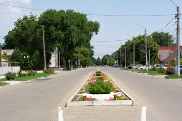 The central street of the city of Primorsko-Akhtarsk in the Krasnodar Territory in the Kuban in Russia on a summer day.