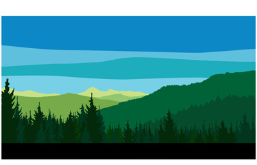 Fototapeta premium Wooded mountains. Coniferous forest. Green mountains covered with trees. Vector image for prints, poster and illustrations.
