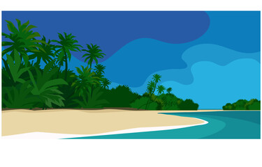 Fototapeta na wymiar Fabulous tropical island. A magical place in the middle of the ocean. Palm trees, beach, sea, waves, sky. Vector image for prints, poster and illustrations.