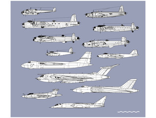 History of British bombers. Outline vector drawing. Image for illustration and infographics.
