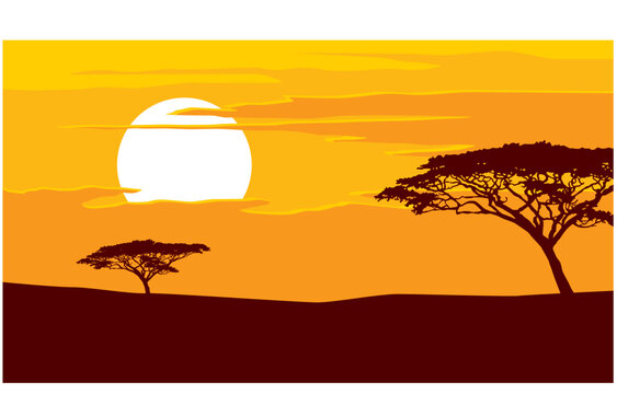 African landscape. Single trees under the scorching sun. Vector image for prints, poster and illustrations.