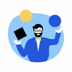 Businessman logo pictogram icon. Vector illustration. Busy man. A lot of things to do at the same time, a sign. The manager is worn out. Stress at work.