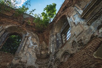 Sokal, Ukraine - july, 2021: the ruins of Great Synagogue in Sokal.
