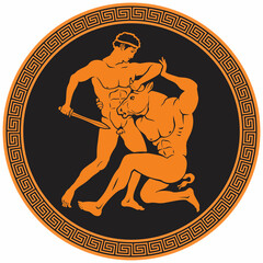 Theseus fighting the minotaur ancient greek mythology vase paynting style vector illustration