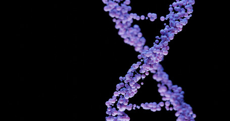 3d DNA structure in lavender or purple color on a black background. Close-up. Scientific medical background and healthcare technology for presentation, cover or advertisement.