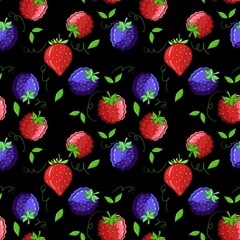 Bright seamless pattern with raspberries. The illustration is drawn by hand with live lines . Design for clothing fabrics and other items.