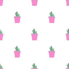 Cute homemade cacti in a pink pot Vector seamless pattern. For children's textiles, clothing. 