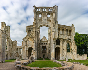 Ruin of medieval benedictine abbey and church of Jumieges in France, Normandy