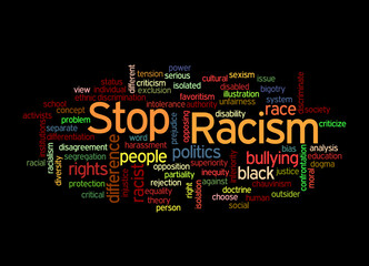 Word Cloud with STOP RACISM concept, isolated on a black background 
