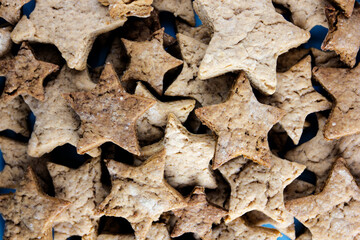 Flat lay pattern background from New Year's Christmas decor view from the top on a rustic wooden table
