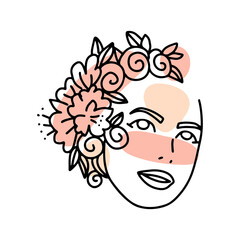 Isolated abstract female head line drawing. Woman face with floral wreath vector line drawing.
