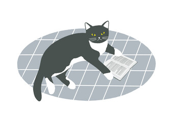 Cat lying on the oval carpet with an open book. Illustration of cat reading book. Cozy home concept. Reading and relaxing at home
