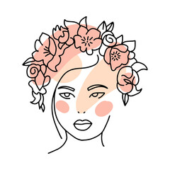 Linear female head with a wreath of flowers. Feminine continuous lines minimalist artwork with abstract shapes. Modern wall art,decor. Printable one line drawing. Vector illustration.