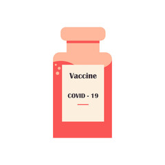 Bottle with COVID-19 coronavirus vaccine in pink colors isolated on white background. Antiviral medical drug for human health. Vector.