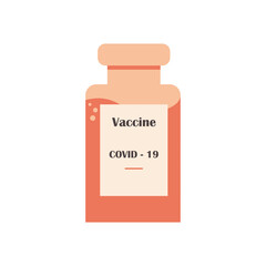 Bottle with COVID-19 coronavirus vaccine in pink colors isolated on white background. Antiviral medical drug for human health. 
