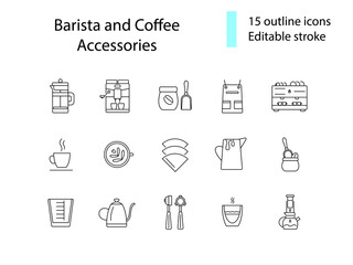 Barista accessories outline icons set. Portafilter and measuring cup. Editable stroke. Isolated vector illustration