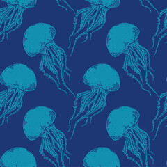 Hand drawn jellyfish seamless pattern background illustration - obrazy, fototapety, plakaty