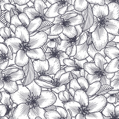 Seamless floral pattern, botanical vector background illustration in black and white