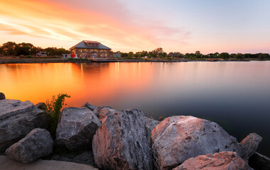 Beautiful sunset of Seneca Lake and Finger Lakes Welcome Center in Finger Lakes region of upstate of New York, Geneva NY USA