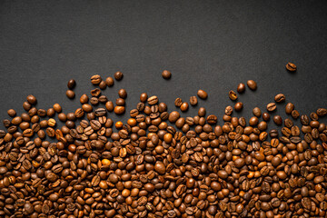 Fragrant coffee beans mockup background. Top view.