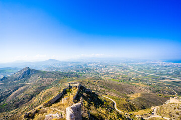 Castle of Acrocorinth above archaeological site of ancient Corinth, Peloponnese, Greece