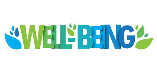 WELL-BEING green and blue vector typography banner with leaves on white background - 448439904