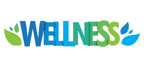 WELLNESS green and blue vector typography banner with leaves on white background