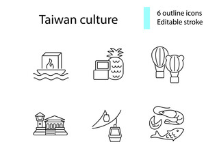 Taiwanes customs outline icons set. Asian attractions. Oriental specialty. Editable stroke. Isolated vector illustration