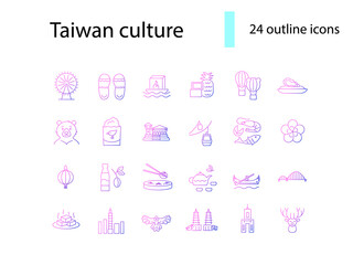Taiwanese culture outline icons set. Taiwan specialty. Features of Asian national culture. Isolated vector illustration