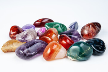 different colorful Semi Precious stones on white background