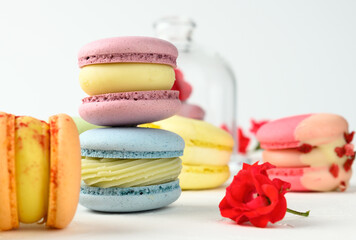baked macarons and rosebuds on a white table, gourmet almond flour dessert, close up