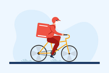 Fast and free delivery by cycle. Courier on bike with parcel box on the back isolated on white background. Delivery work vector illustration in flat design