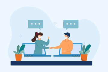 Virtual deal with distant online agreement handshake tiny person. Working from home concept. Vector Illustration